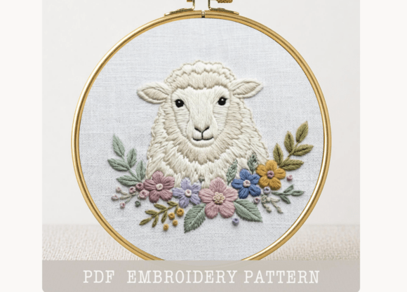 Sheep Floral Portrait Embroidery