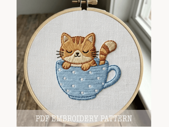 Sleepy Cat Teacup Embroidery Pattern