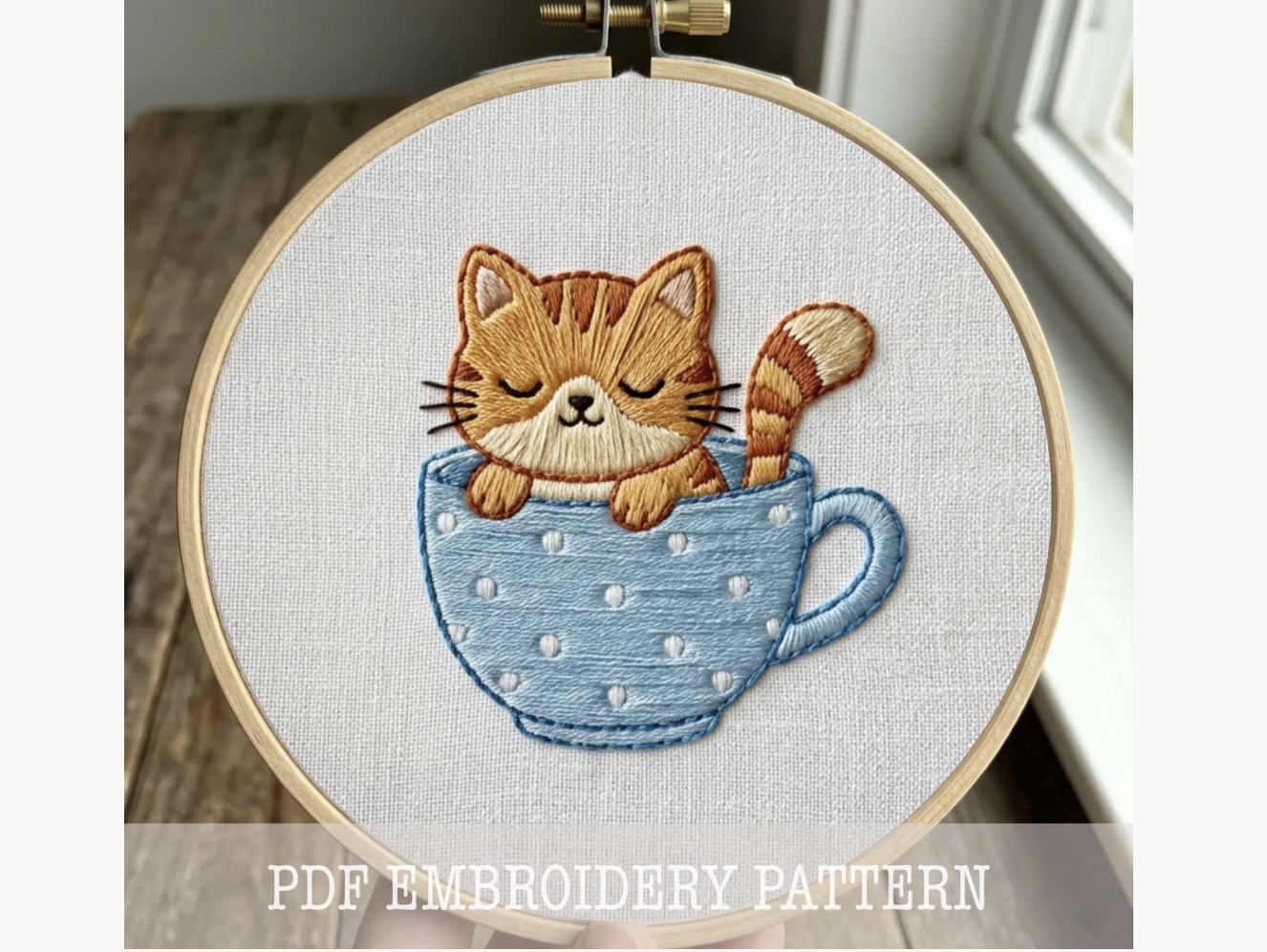 Sleepy Cat Teacup Embroidery Pattern