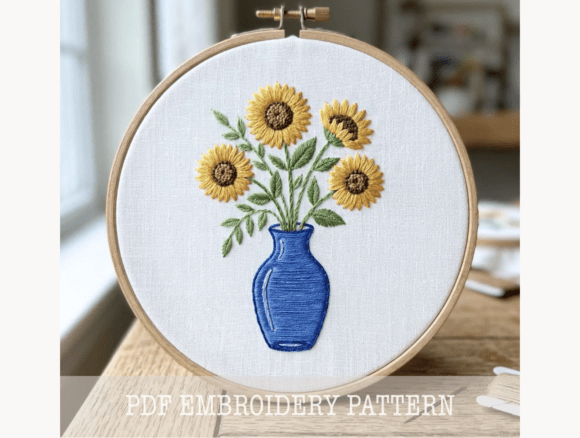 Sunflowers Blue Vase Embroidery