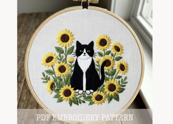 Tuxedo Cat Sunflower Embroidery