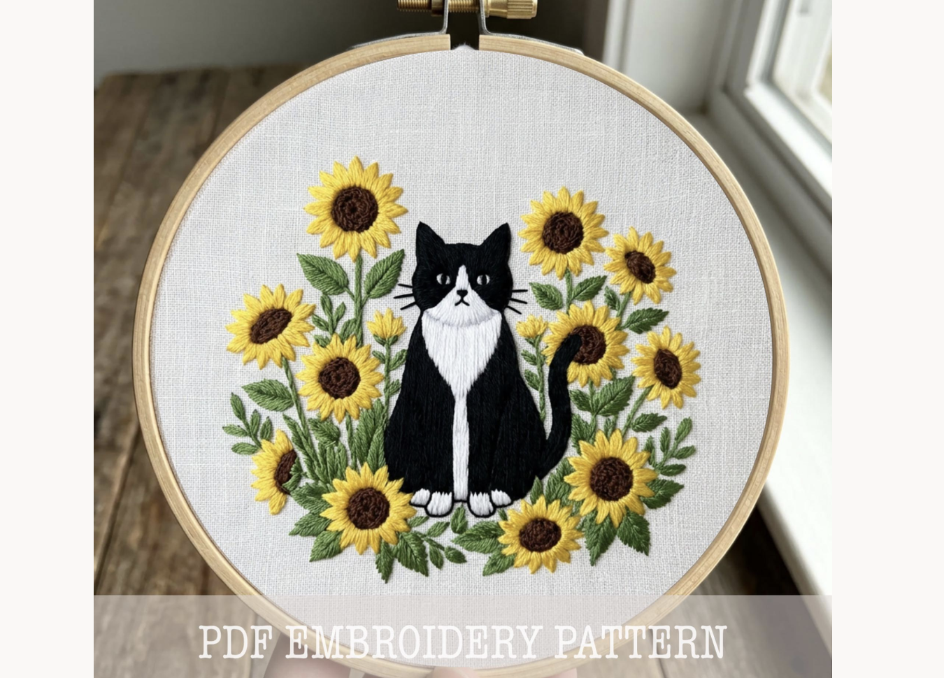 Tuxedo Cat Sunflower Embroidery