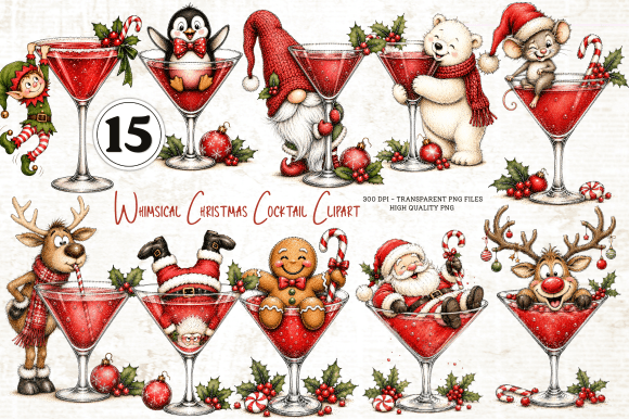 Whimsical Christmas Cocktail Clipart Graphic Illustrations By Yassou Bouhad