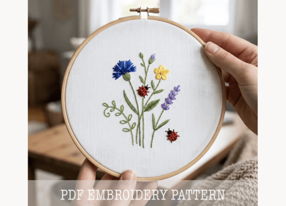 Wildflower Ladybug Embroidery Pattern