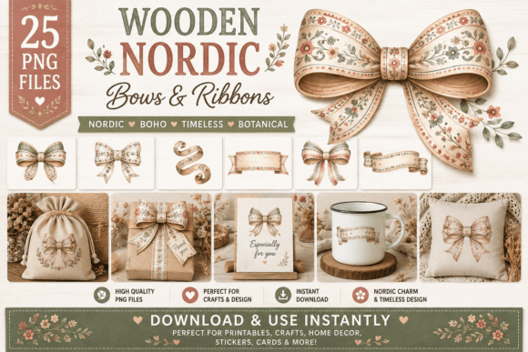 Wooden Nordic Bows & Ribbons Clipart