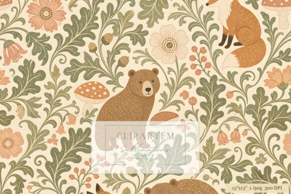 Woodland Bear Fox Floral Morris Pattern