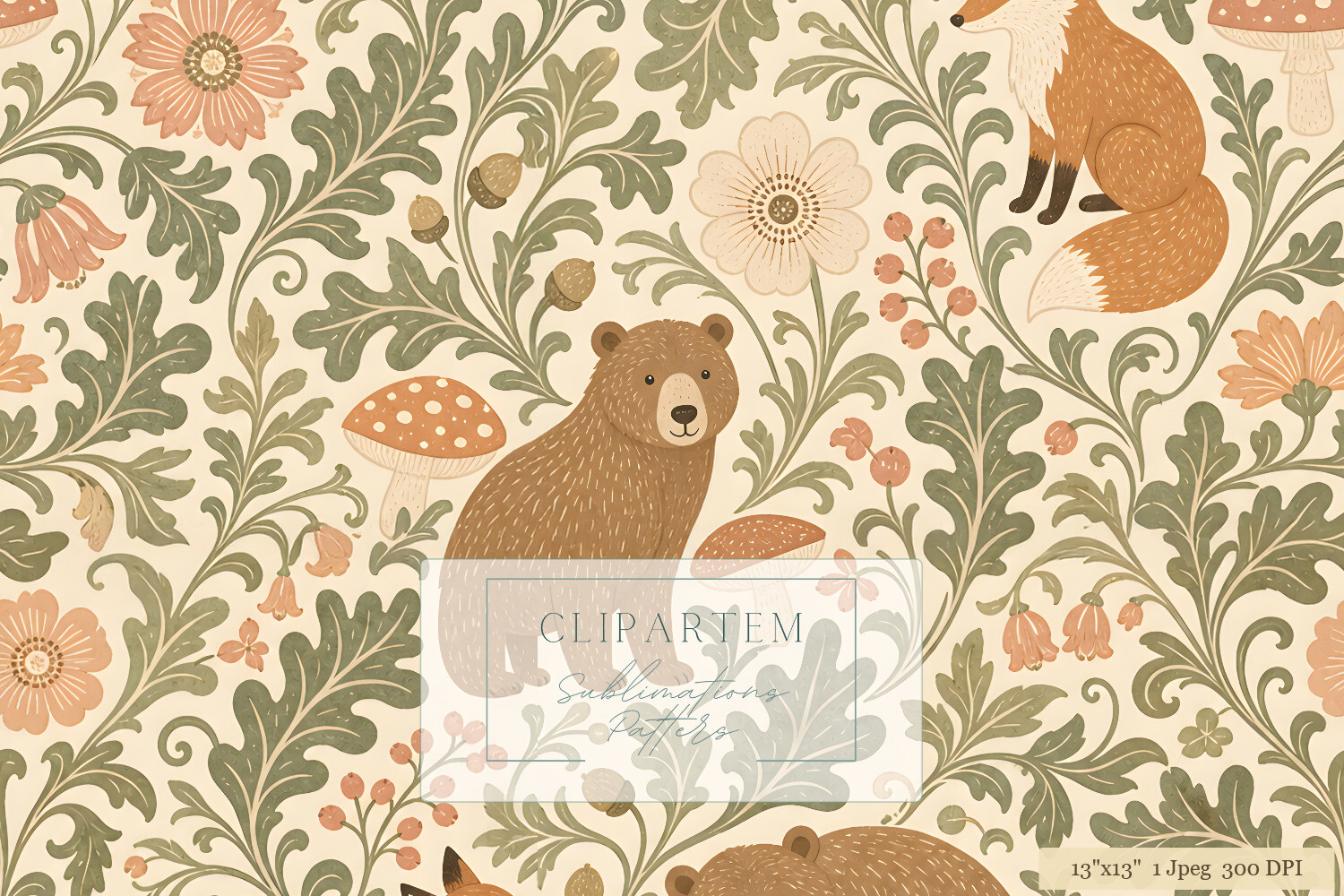Woodland Bear Fox Floral Morris Pattern