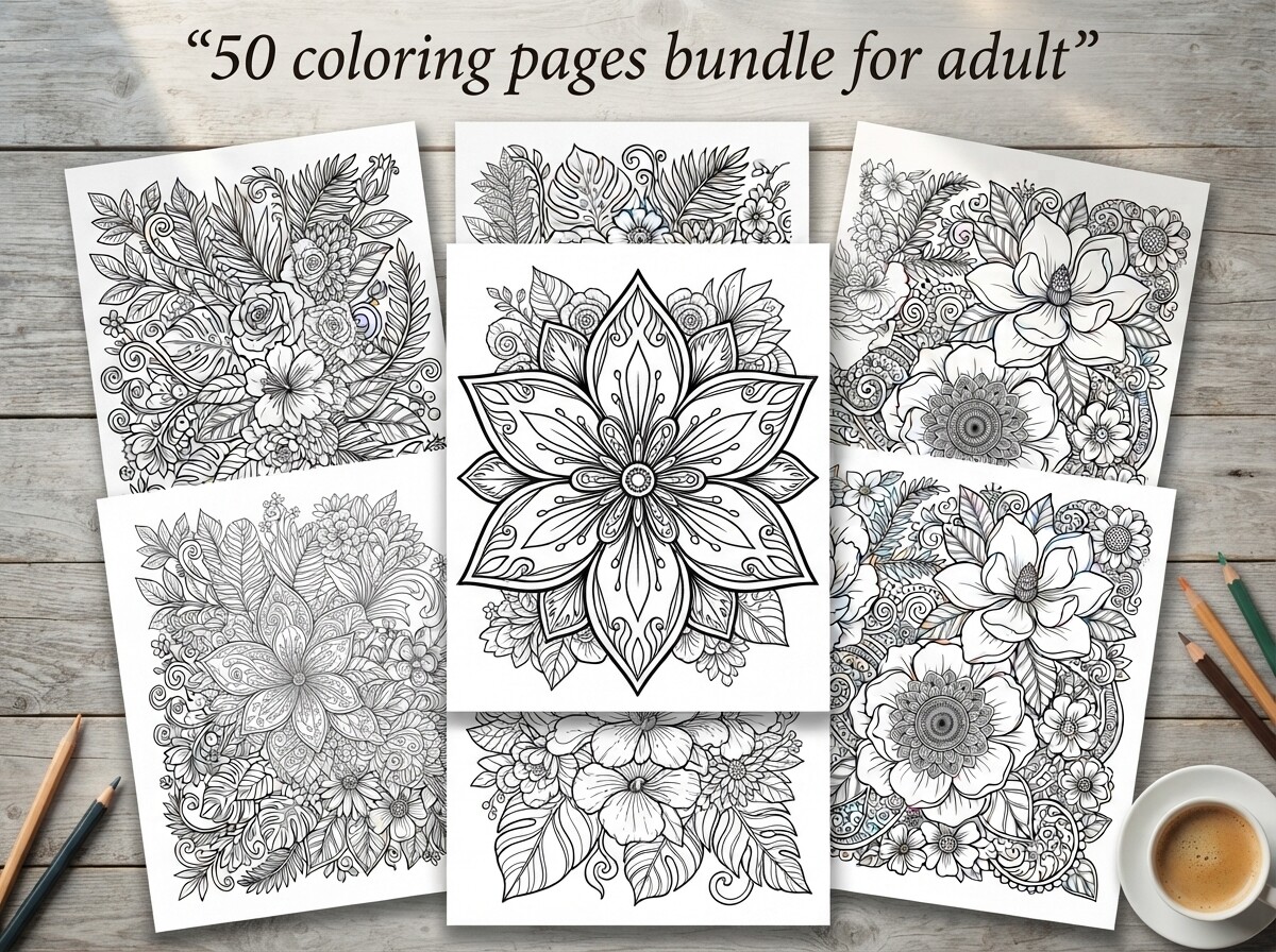 50 Floral Mandala Coloring Pages Bundle