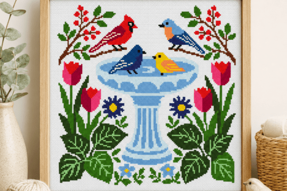 Bird Bath Garden Cross Stitch Pattern