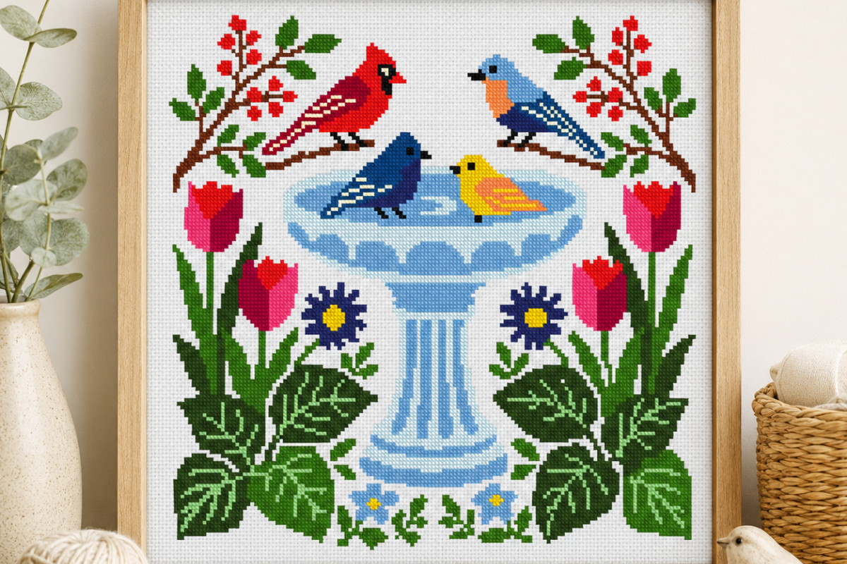 Bird Bath Garden Cross Stitch Pattern
