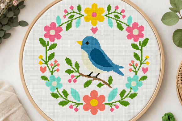 Bird Floral Wreath Cross Stitch