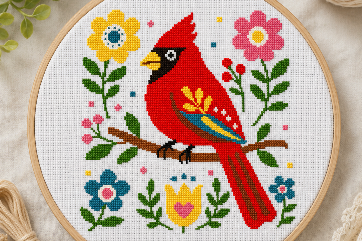 Bright Cardinal Floral Cross Stitch
