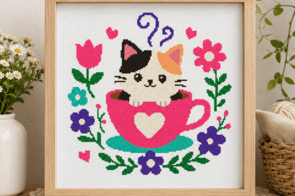 Cat in Teacup Cross Stitch Pattern