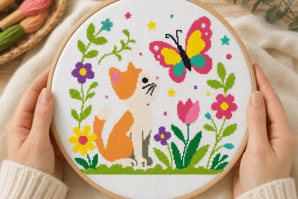 Cat with Butterfly Cross Stitch