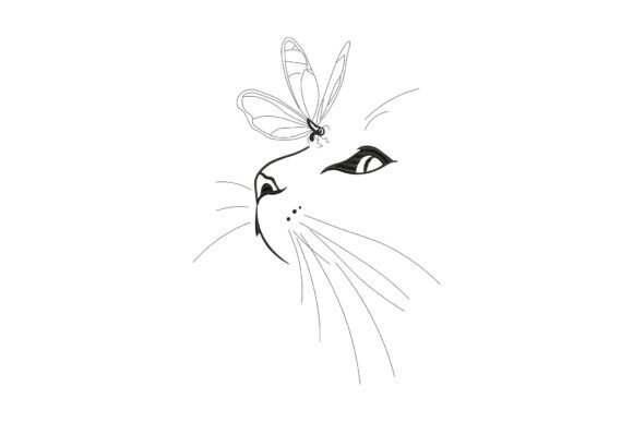 Cat with Butterfly Line Art