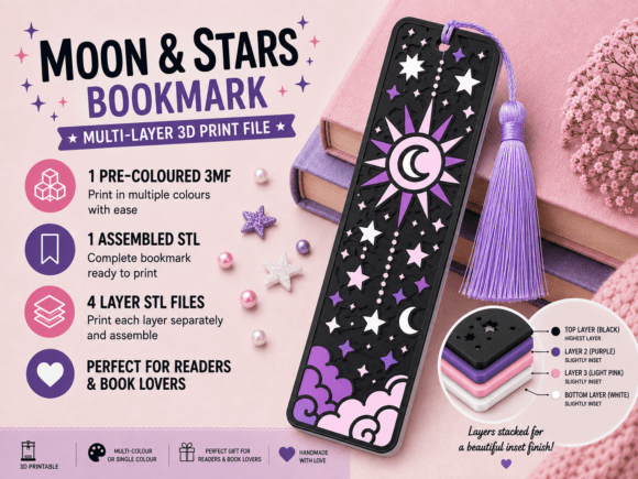 Celestial Bookmark 3D Print Model – Moon, Stars & Planet STL 3MF - Image 1