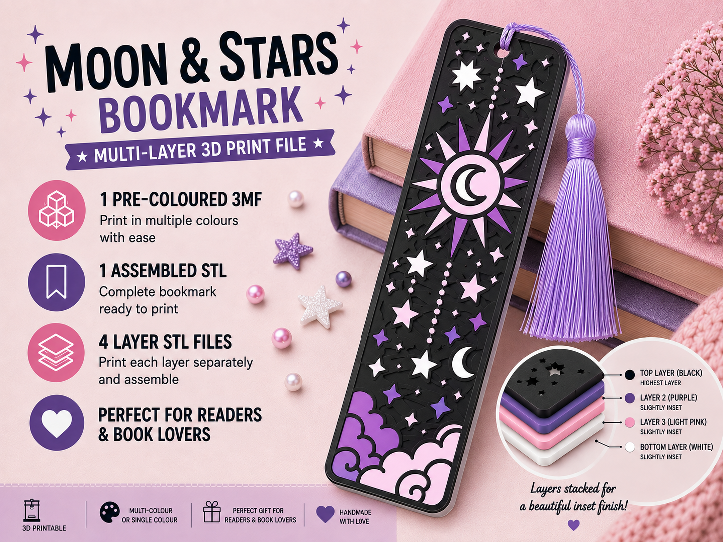 Celestial Bookmark 3D Print Model – Moon, Stars & Planet STL 3MF - Image 4