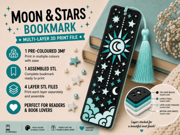 Celestial Bookmark 3D Print Model – Moon, Stars & Planet STL 3MF - Image 2