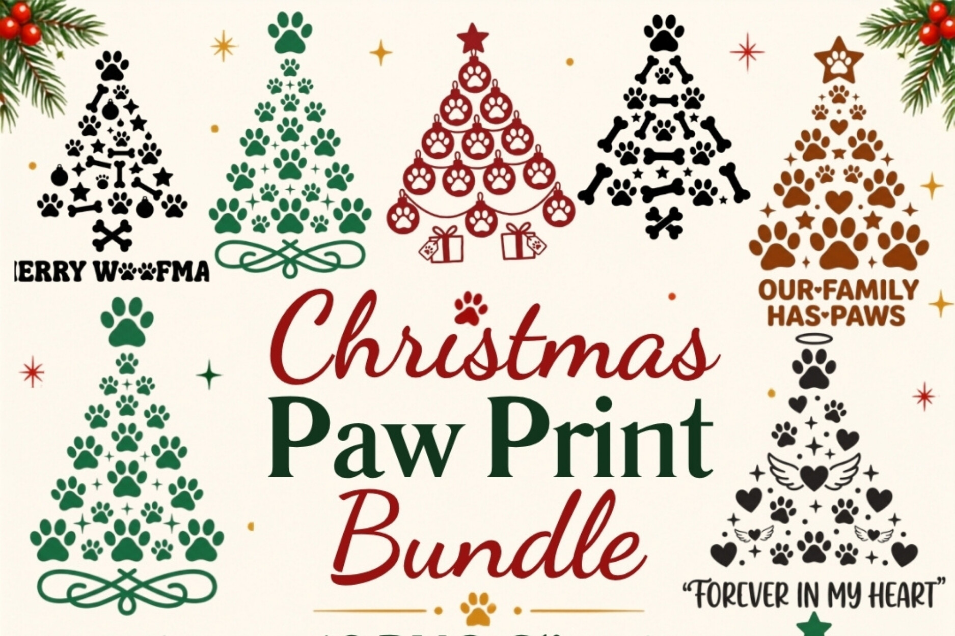 Christmas Paw Print PNG Bundle