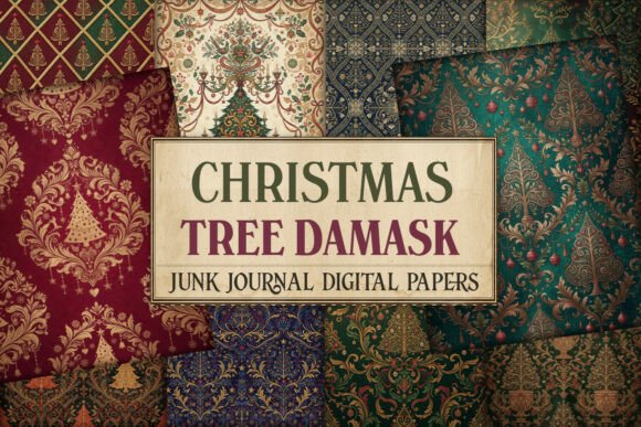 Christmas Tree Damask Junk Journal Paper
