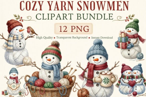 Cozy Yarn Snowmen Clipart Bundle