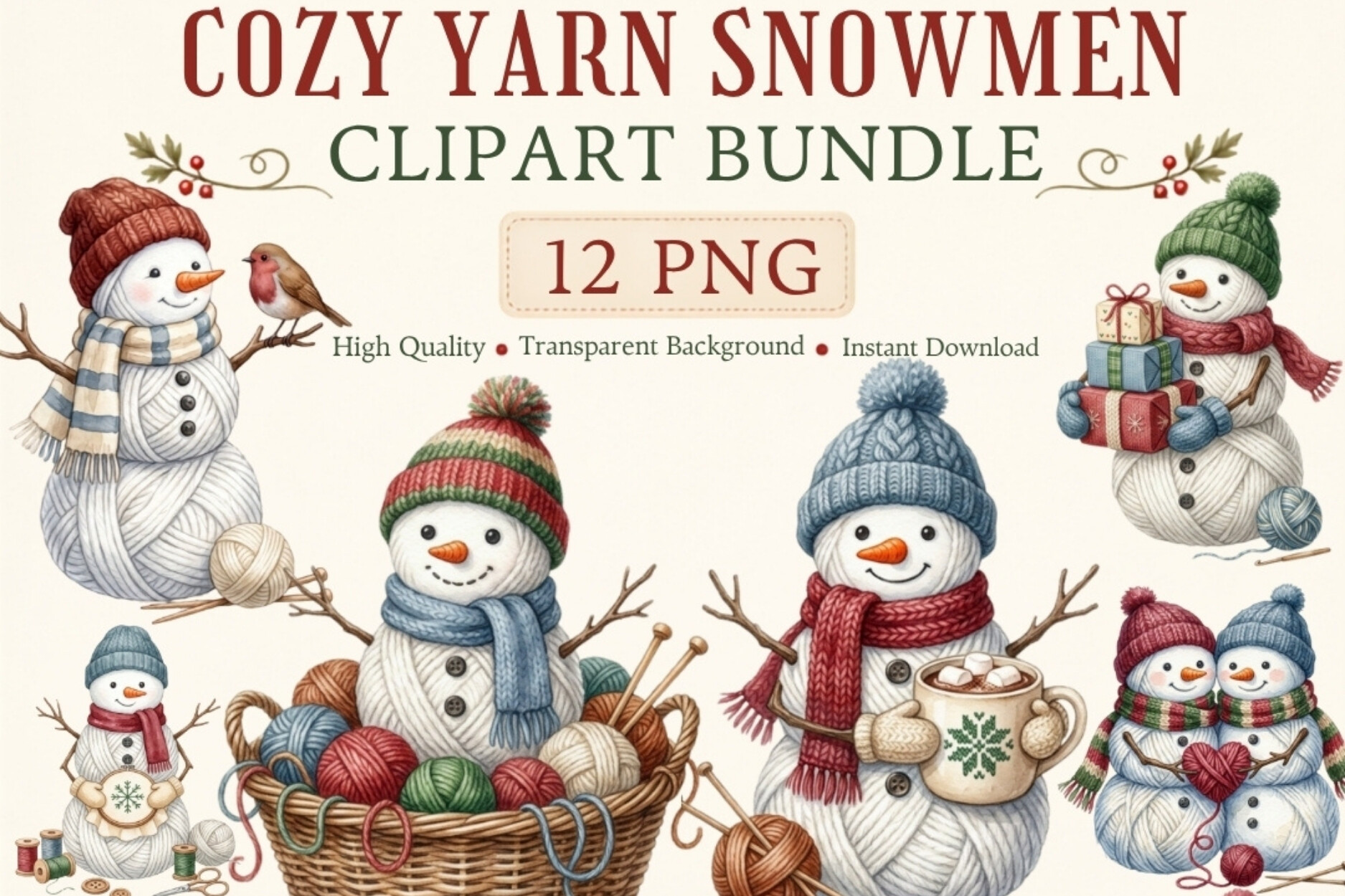 Cozy Yarn Snowmen Clipart Bundle