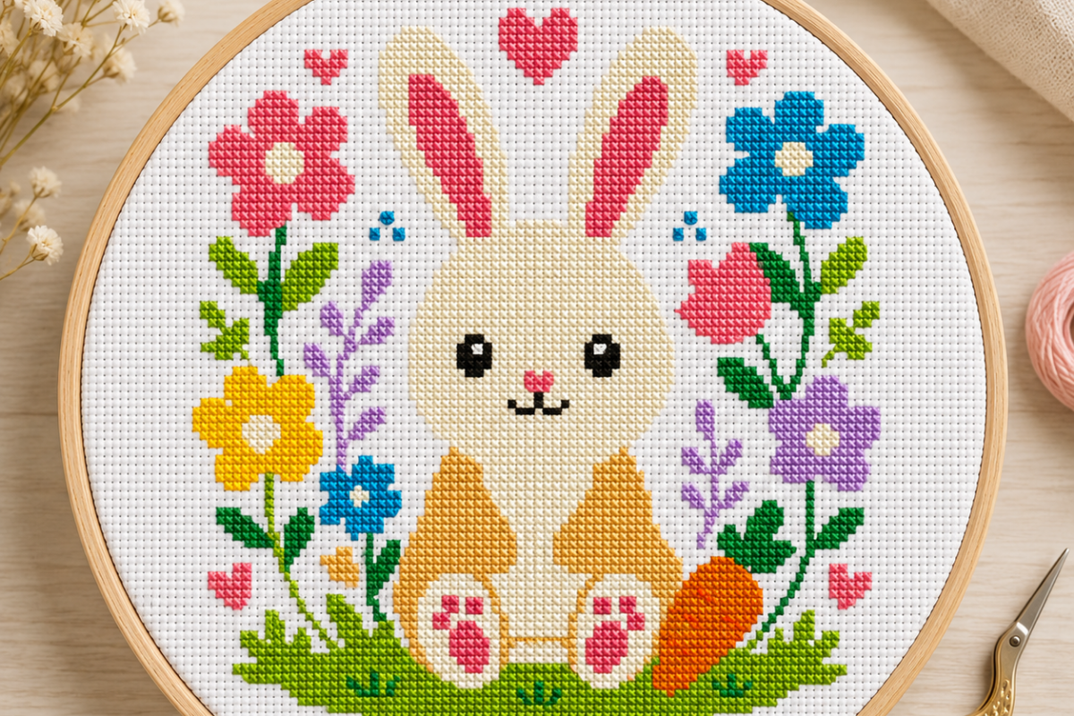 Cute Bunny Flower Cross Stitch