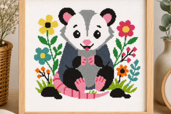 Cute Opossum Floral Cross Stitch