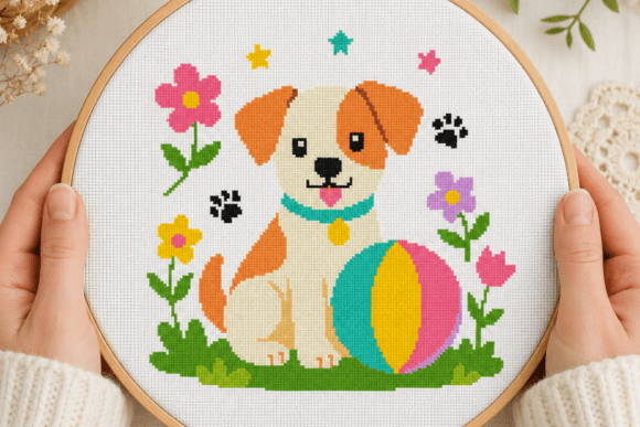 Dog with Ball Cross Stitch