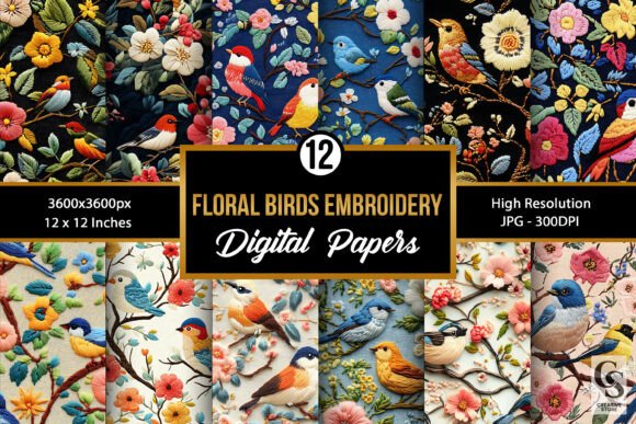 Floral Birds Embroidery Digital Papers