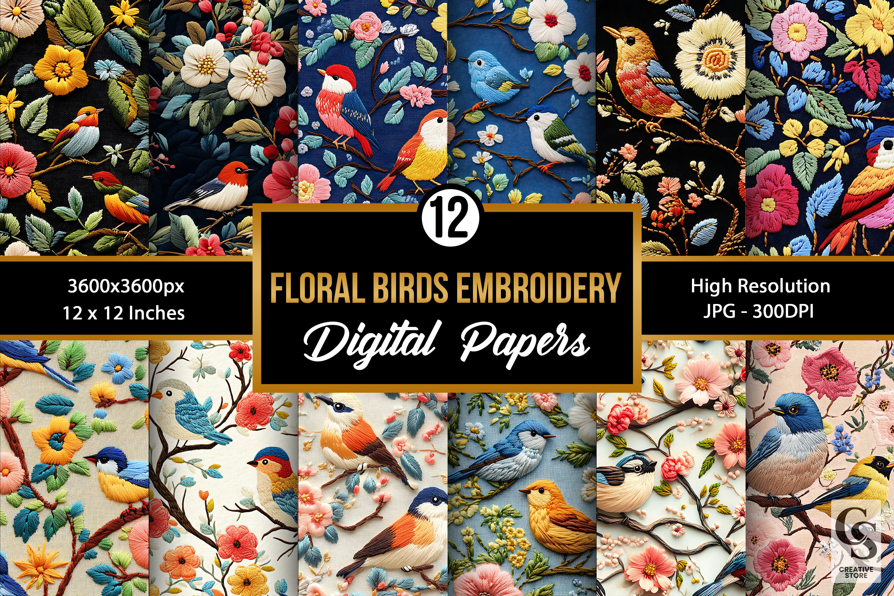 Floral Birds Embroidery Digital Papers