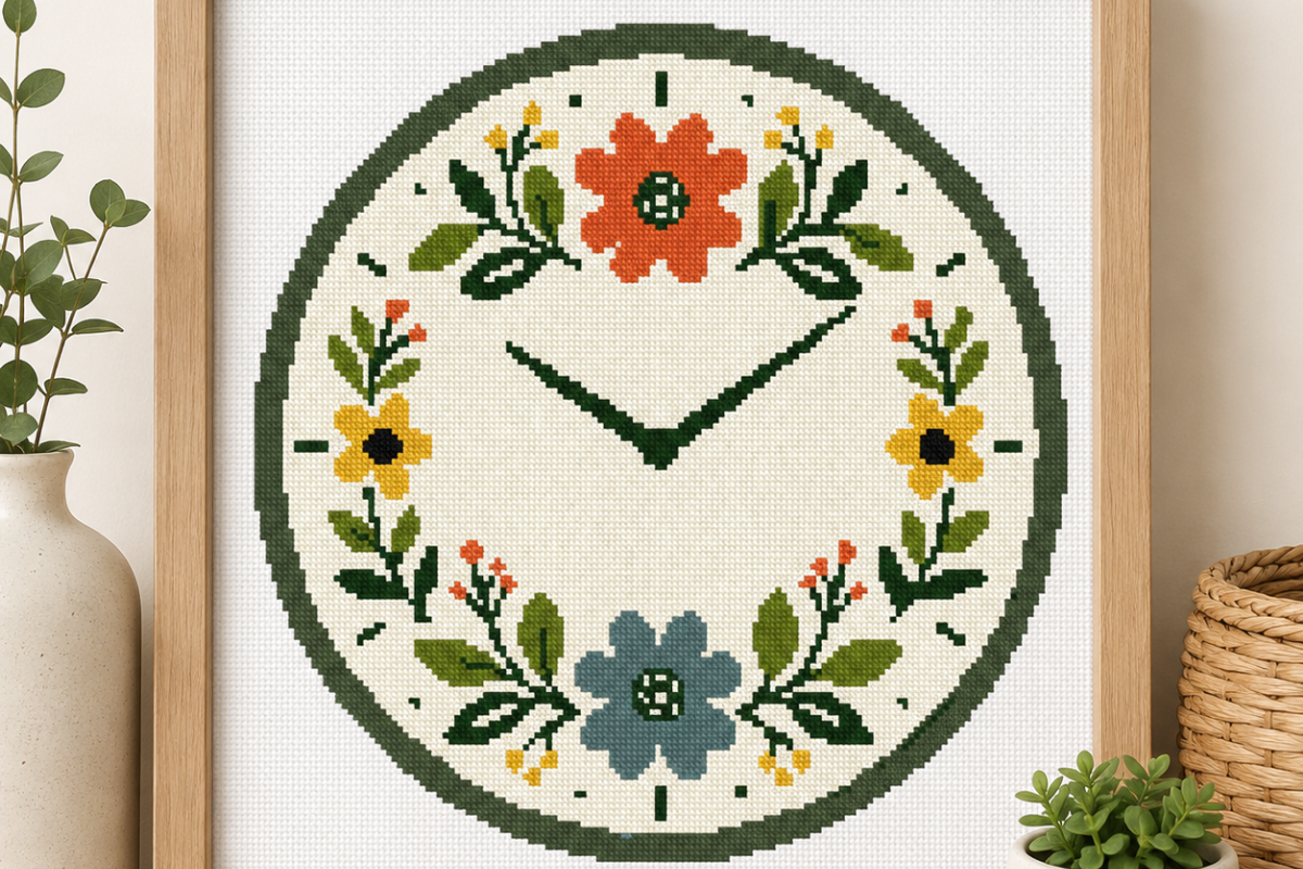 Floral Clock Cross Stitch Pattern