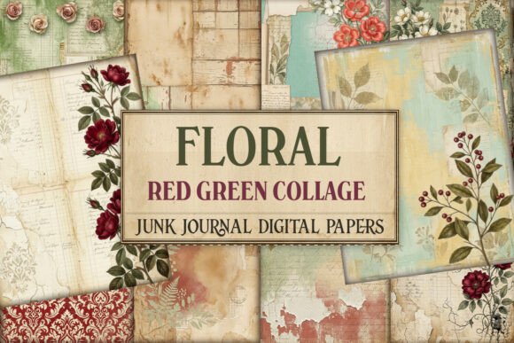 Floral Red Green Collage Junk Journal