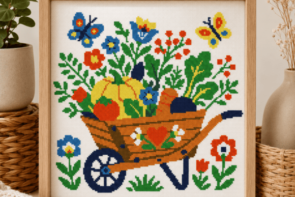 Floral Wheelbarrow Cross Stitch