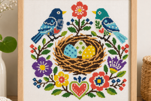 Folk Art Bird Nest Cross Stitch
