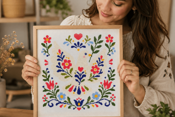 Folk Art Dove Floral Cross Stitch