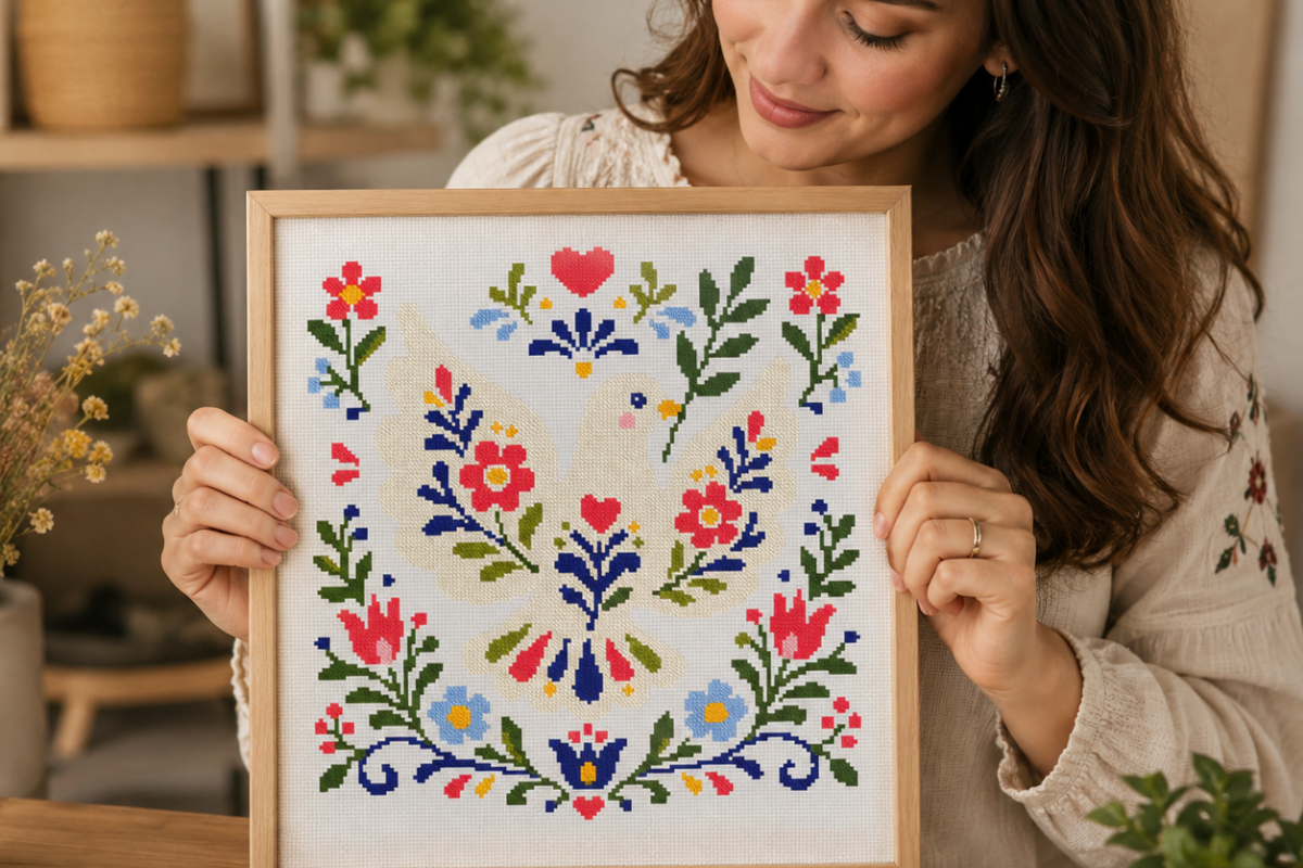 Folk Art Dove Floral Cross Stitch