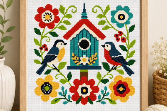 Folk Birdhouse Cross Stitch Pattern