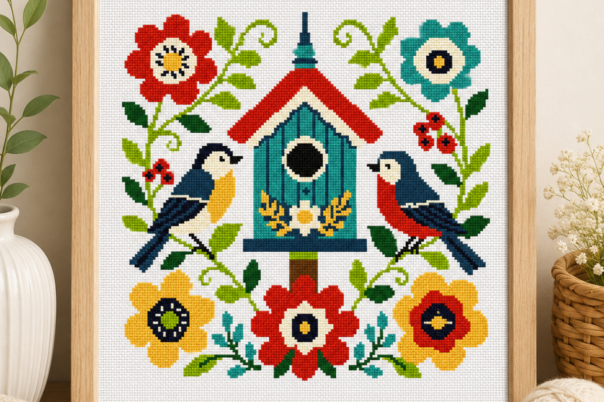 Folk Birdhouse Cross Stitch Pattern