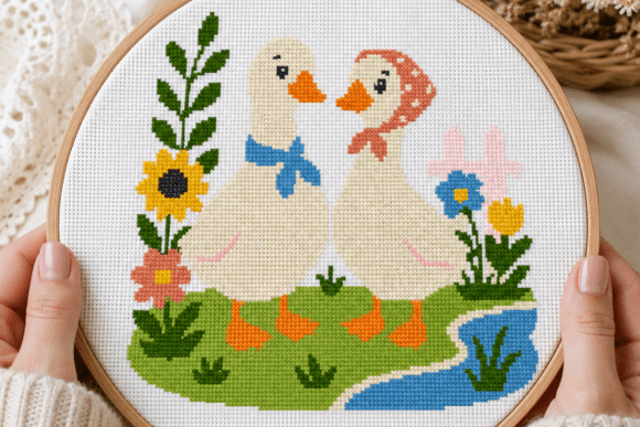 Geese Garden Pond Cross Stitch