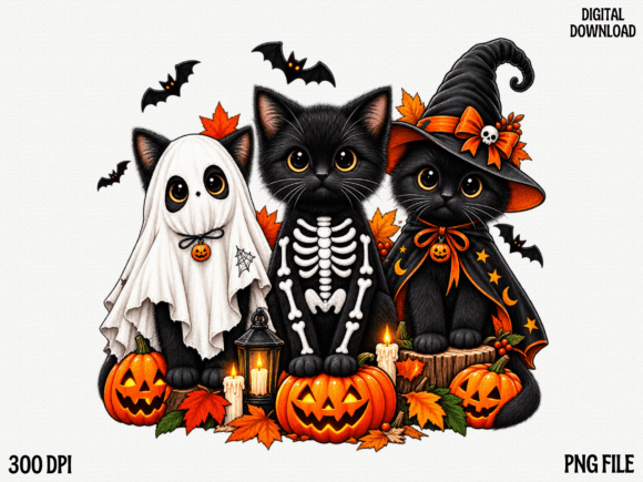 Halloween Cat Ghost Trio PNG, Spooky Pum