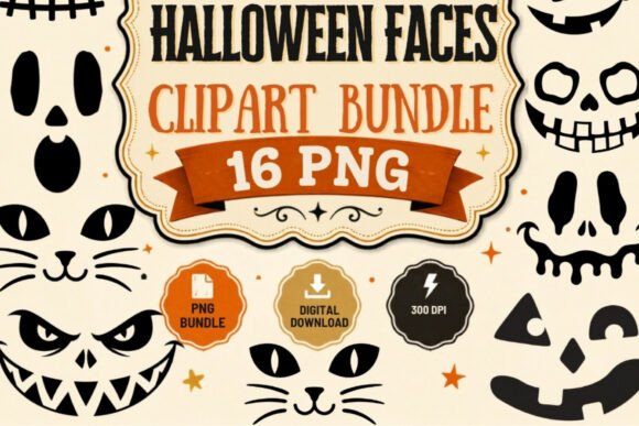 Halloween Faces PNG Bundle – 16 Pumpkin Graphic Illustrations By Tanya Kart