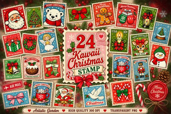 Kawaii Vintage Christmas Stamp Clipart