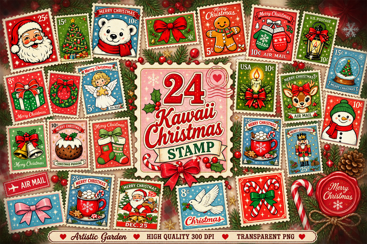 Kawaii Vintage Christmas Stamp Clipart