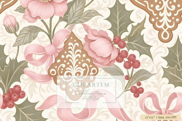 Pink Christmas Damask Gingerbread Patter