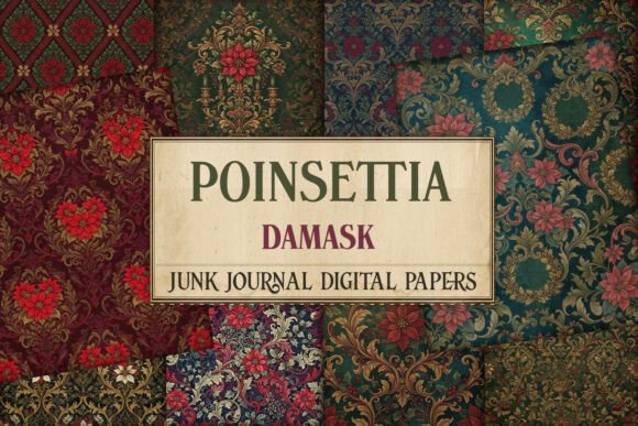 Poinsettia Damask Junk Journal Paper