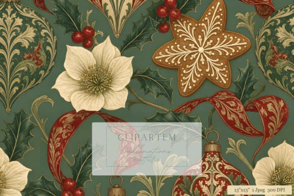 Victorian Christmas Damask Pattern Print