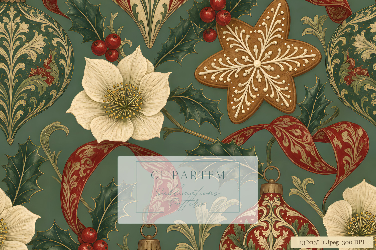 Victorian Christmas Damask Pattern Print