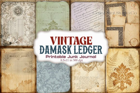 Vintage Damask Ledger Junk Journal Pages