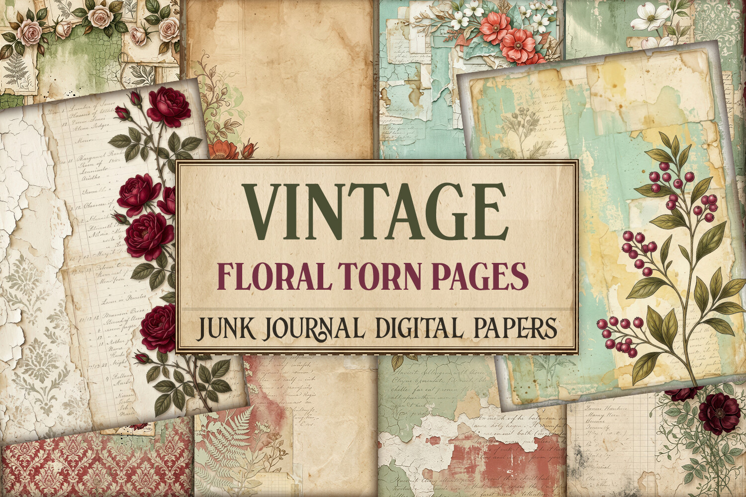 Vintage Floral Torn Pages Junk Journal